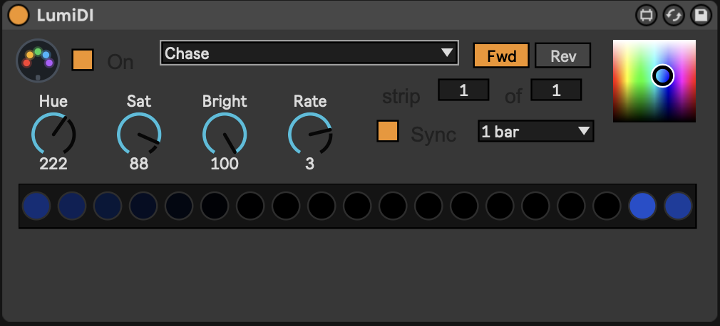 The LumiDI device running the Chase animation, its strip preview showing a blue chase.