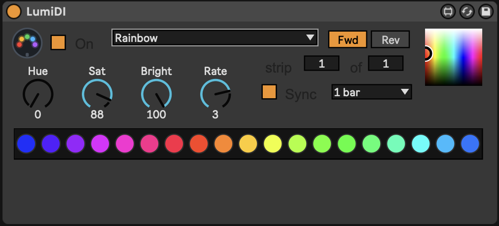 The LumiDI device in Ableton Live running the Rainbow animation: On toggle, animation menu, Fwd/Rev tabs, Hue/Sat/Bright/Rate dials, Sync toggle with sync-rate menu, a color picker, and a strip preview glowing in rainbow colors.