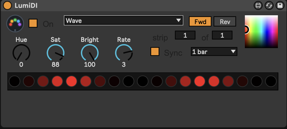 The LumiDI device running the Wave animation, its strip preview showing red waves.
